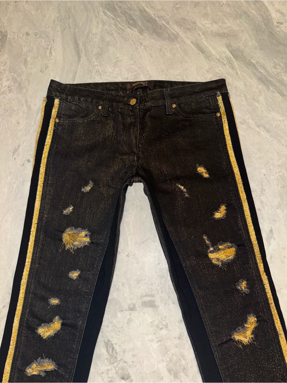 Roberto Cavalli Vintage Black & Metallic Gold Distressed Jeans